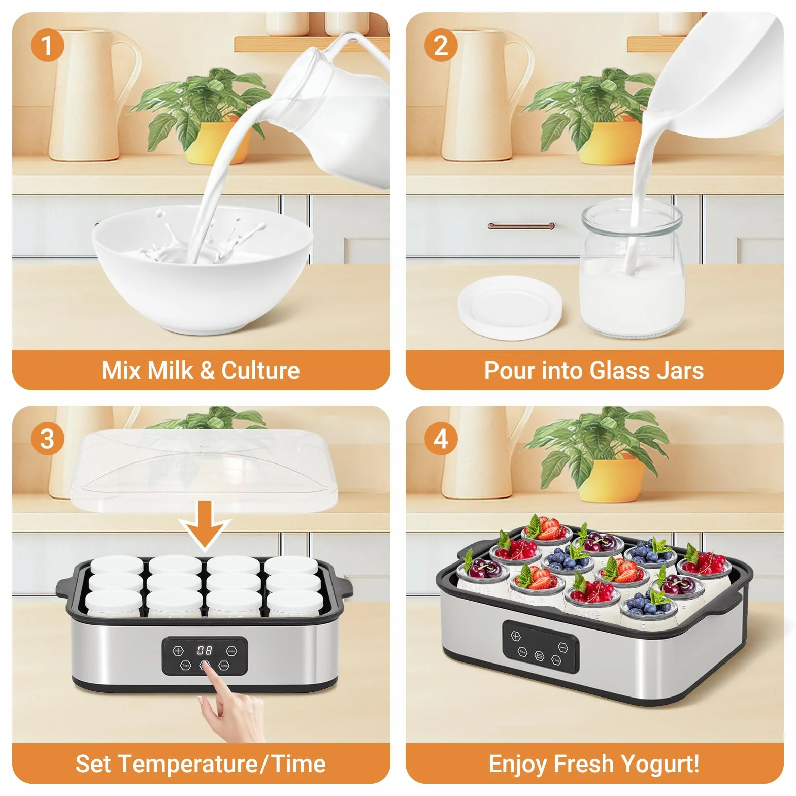 Todeco Yogurtera Eléctrica con 12 Tarros de 180 ml con Tapa, Acero Inoxidable, Temperatura Ajustable, Temporizador, Máquina de Yogur Casero, para Yogur Griego, Yogur Frutas