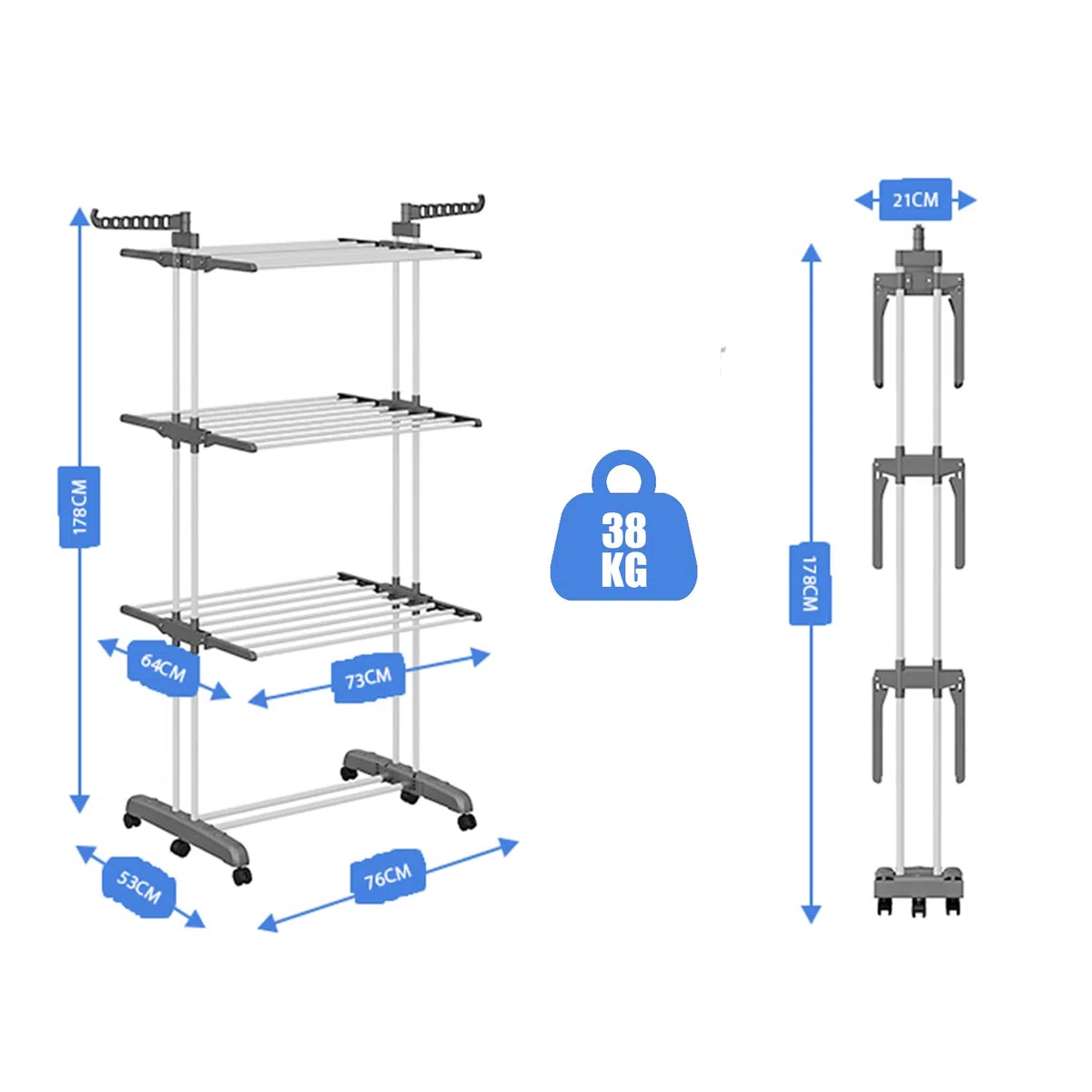 johgee Tendedero con Ruedas, Base Plegable, Ahorro de Espacio, Tendederos Plegables, Tendedero Vertical con 6 alas Plegables y 2 alas Laterales, para Uso Interior y Exterior, Gris