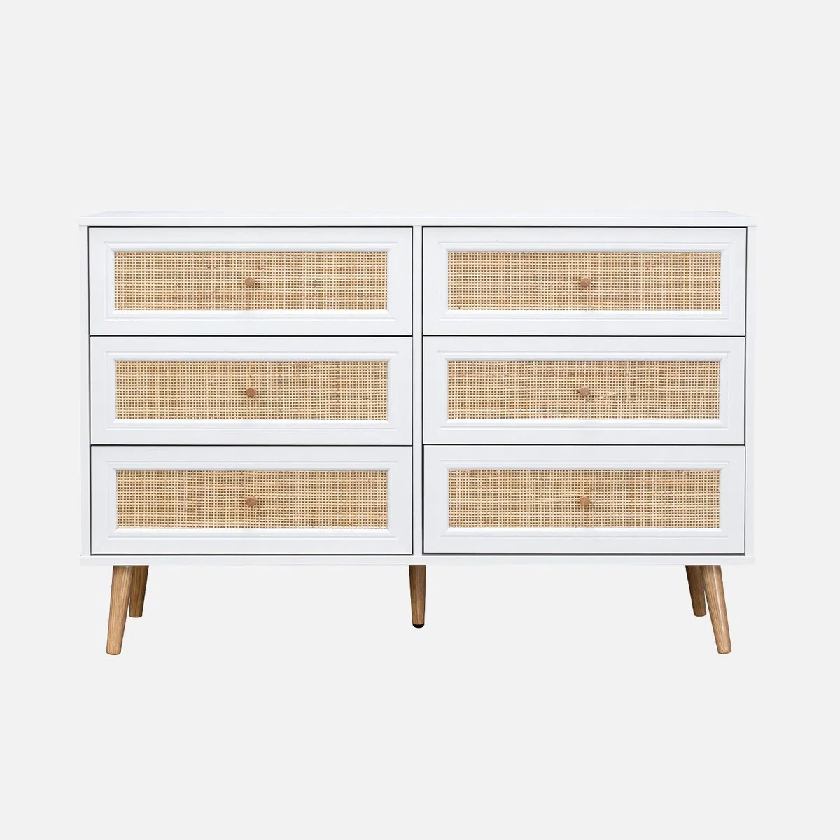 sweeek-Cómoda de 6 cajones con Efecto Madera y caña Blanco Roto - 120x39x79 cm