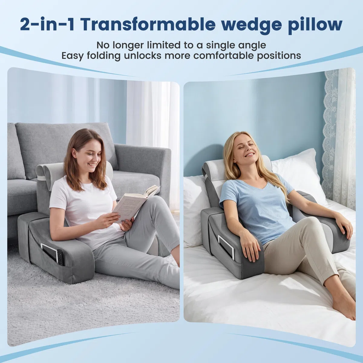 Cojín de lectura reversible 2 en 1 para cama y sofá, con reposabrazos y almohadas extraíbles, 2 ángulos de inclinación para el respaldo de 20° y 55 °, silla de cama para leer, jugar