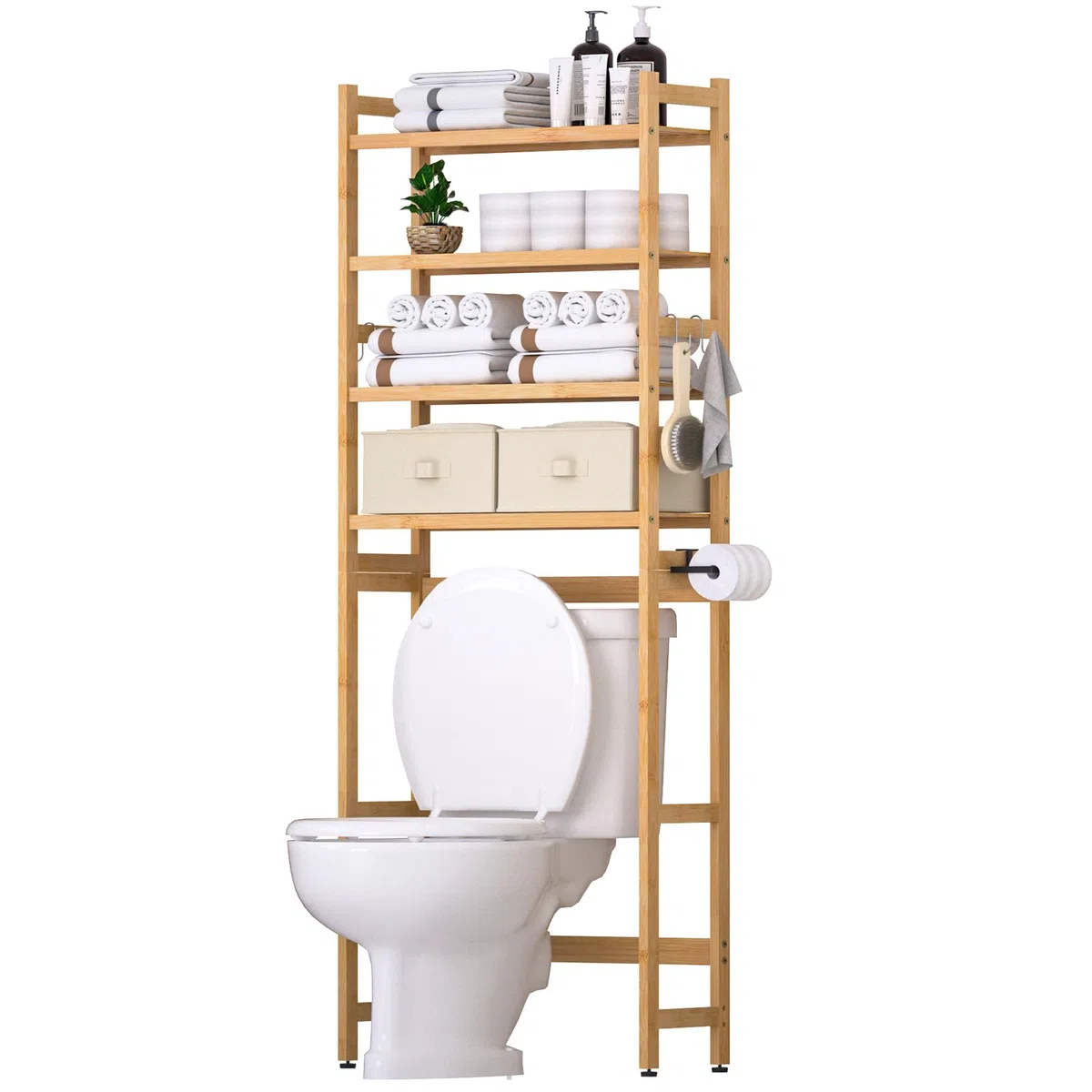 YORBAY Estantería para Inodoro con 2 Cestas 4 Niveles de Bambú para el Inodoro con Soporte para Papel y 4 Ganchos y Almohadillas Impermeables para los pies, Independiente sobre el Inodoro (Bambú)