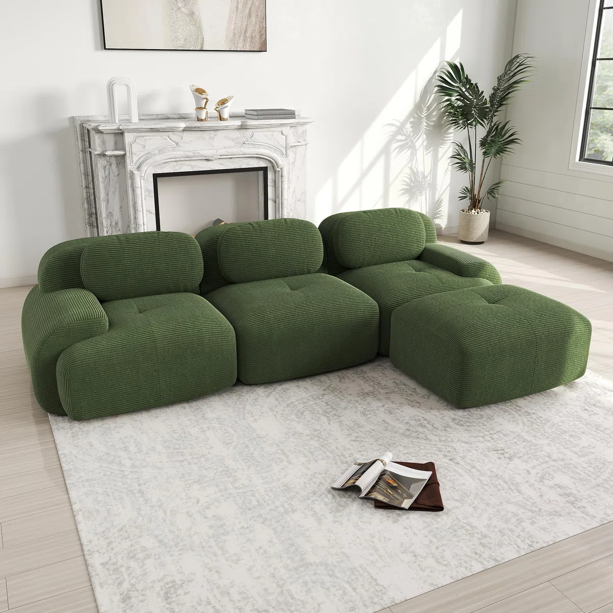Bladez Sofá moderno de cuerda de 3 plazas Modular sofá esquinero en forma de L con puf Otomano, Sin montaje, sofá Cloud combinable, para salón (Verde, 3 plazas+1)