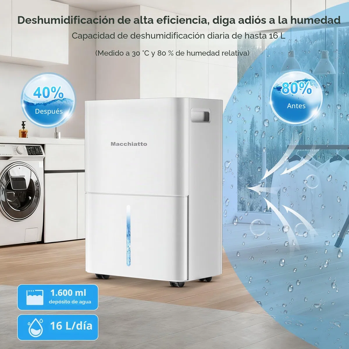 Macchiatto Deshumidificador de 16 l/día, Minuterio 1-24H, 3 Modo, funcionamiento automático, silencioso, con rueda universal y manguera de desagüe de 1m