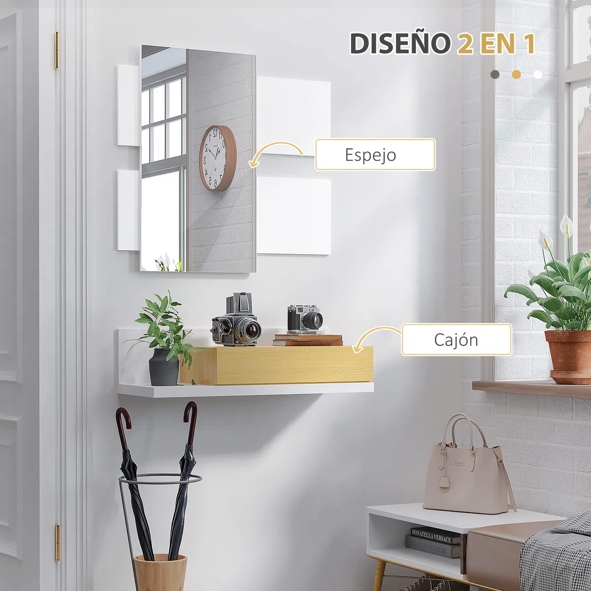 HOMCOM Juego de Muebles de Entrada Recibidor con Espejo y Cajón Estilo Moderno Recibidor Colgante para Pasillo 75x4x70 cm y 75x29x20 cm Blanco