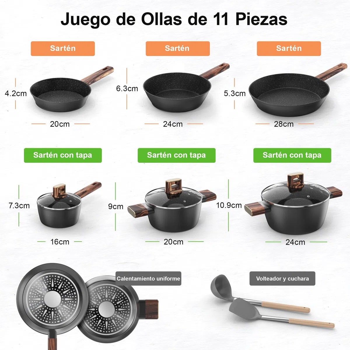 Batería de Cocina - 11Piezas Juego de Ollas y Sartenes Aluminio Antiadherente, Sartene de 20cm y 28cm, Wok de 24cm, Cacerola de 16/20/24 cm con Tapas, para Todas las Cocinas, Inducción Topbooc