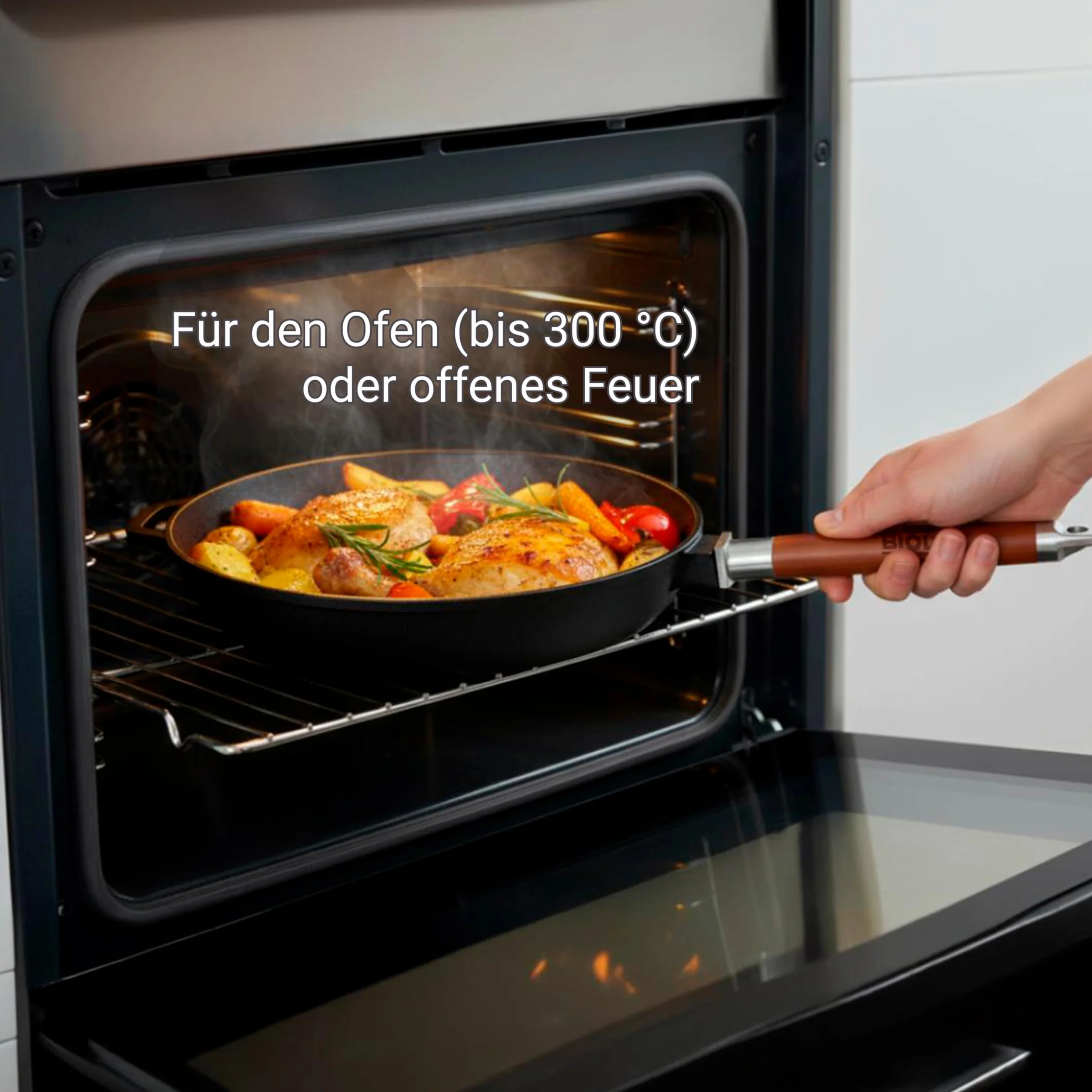 BIOL Sarten Hierro Fundido 28 cm - Sartén Antiadherente para Cocina Inducción, Mango de Madera Desmontable Ergonómico, sin Tapa, Apta para Gas, Vitrocerámica, Horno y Barbacoa, Cocina Saludable | Mango de madera desmontable, sin revestimiento, apto para h