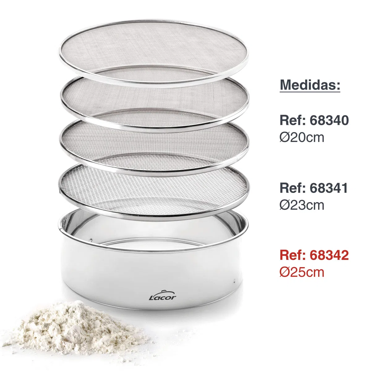 Lacor - 68342 - Tamiz intercambiable, Cedazo de Cocina, 4 mallas intercambiables, Tamizar harina, azúcar, cacao, Acero Inoxidable, Diámetro 25cm