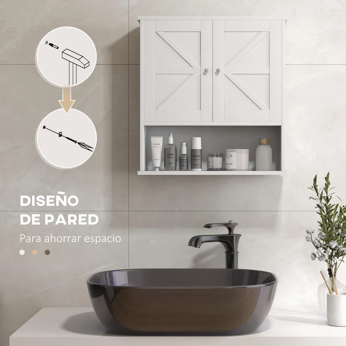 kleankin Armario de Baño de Pared, Mueble de Baño Colgar Rústico con Compartimento, Estante Ajustable, 2 Puertas, para Cocina, Lavadero, sobre el Inodoro, Blanco