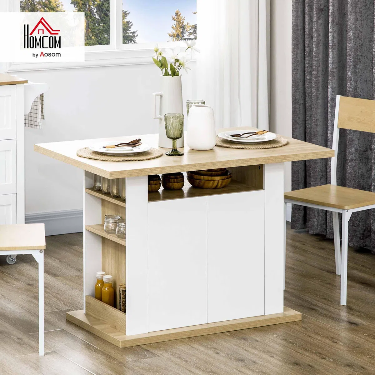HOMCOM Isla de Cocina, para 4 Personas, Mueble de Cocina Multifuncional, Mesa de Comedor con 4 Puertas, Compartimentos Abiertos, Estante Ajustable, 110x70x75,5 cm, Roble y Blanco