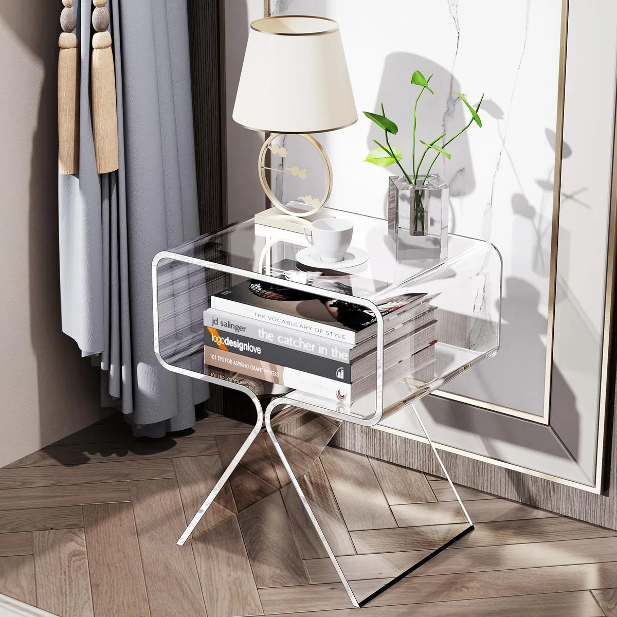Mesa Auxiliar de Acrílico, Mesita de Noche, pequeña Transparente para Sala de Estar, Dormitorio (Claro)