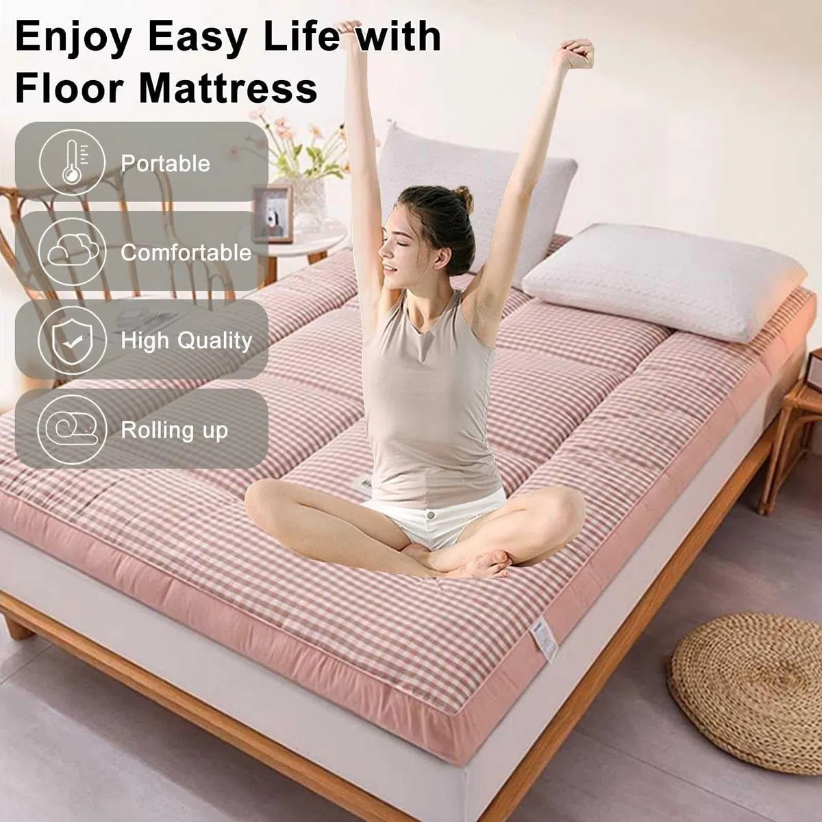 Colchón de futón japonés, colchón Plegable, colchón Enrollable, tapete de Tatami, Almohadilla para Dormir Plegable Gruesa aplicable al Dormitorio/salón/Alfombra de Piso(Pink,100x190cm)