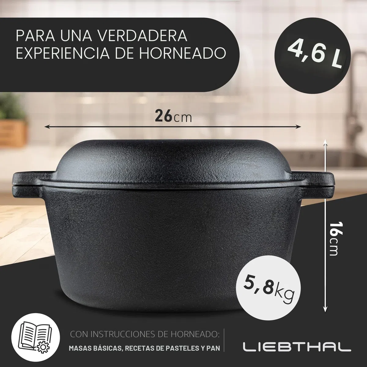 LIEBTHAL Olla de Hierro Fundido Con Tapa de 4,6 L, Sartén Robusta Para Hornear Pan, Freír y Guisar, Inserto de Silicona Antiadherente a Medida