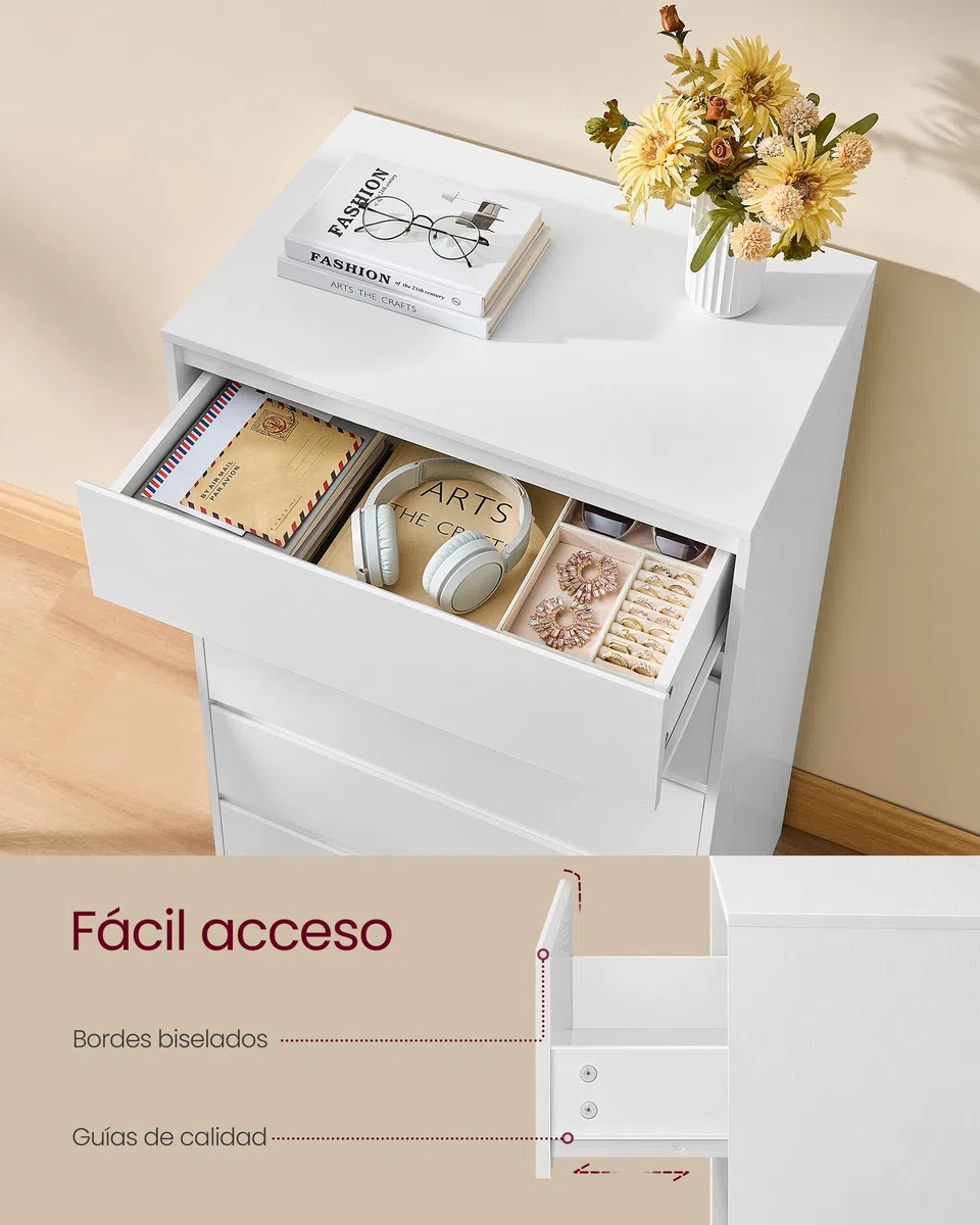 VASAGLE Colección Kailyn - Cómoda de 6 Cajones para Dormitorio, Armario de Almacenamiento, Mueble para Ropa, 30 x 48 x 111,2 cm, Estilo Moderno, Blanco Nieve LTS606WE01