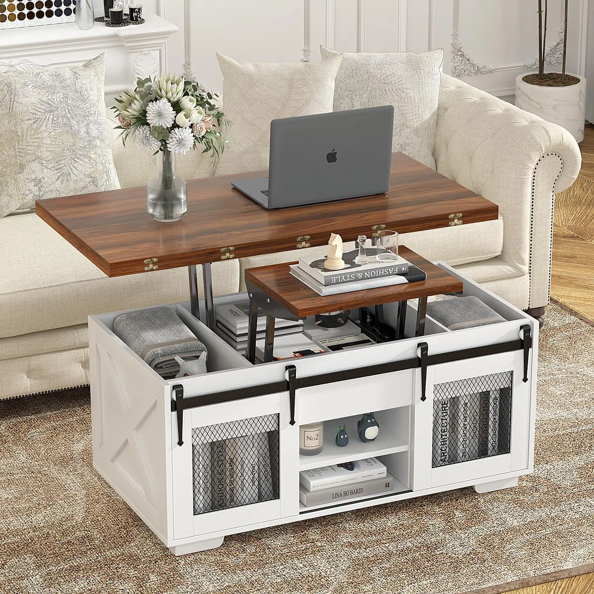 VOWNER Mesa de Centro Elevable, Mesa Extensible, Multifuncional 3 en 1 con Almacenamiento Oculto - Comedor, Convertible, Estilo Granja, Nogal