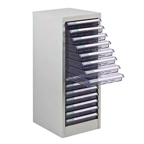 Cajonera de chapa de acero con 15 cajones de PVC, tamaño: 28 x 35 x 74,5 cm, para DIN A4, color gris claro RAL7035