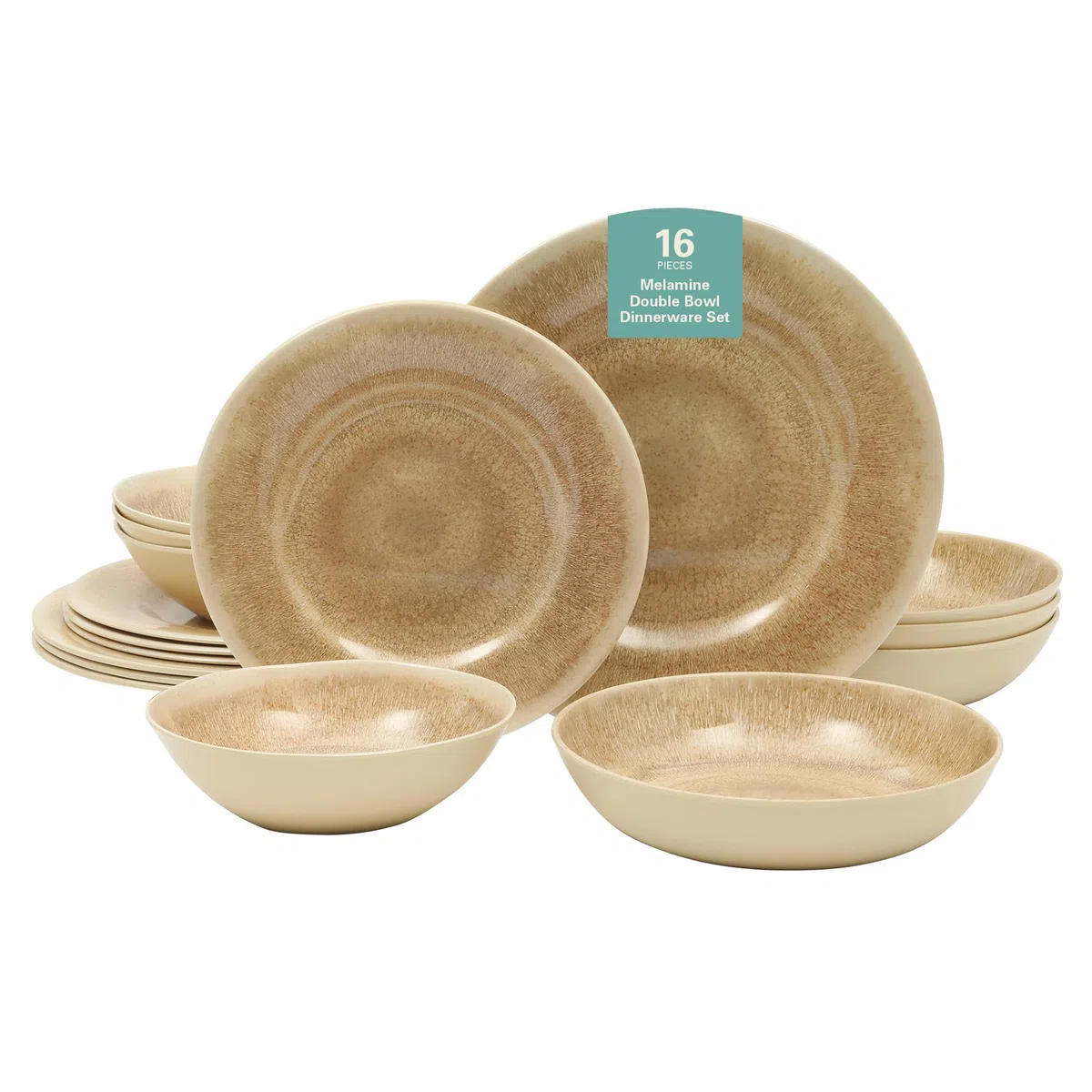 Gibson Home Casper Court - Juego de vajilla de melamina de 16 piezas, color beige, con aspecto de esmalte reactivo, vajilla para 4, apta para lavavajillas, servicio diario