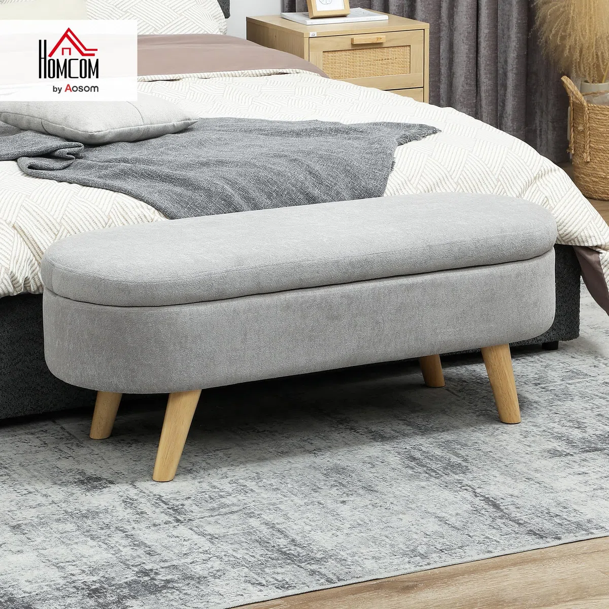 HOMCOM Banco Pie de Cama, Puff Almacenaje Tapizado en Terciopelo de Teddy con Patas de Madera y Asiento Acolchado, Banco de Almacenaje Ovalado para Dormitorio, Entrada, Pasillo, Gris Claro
