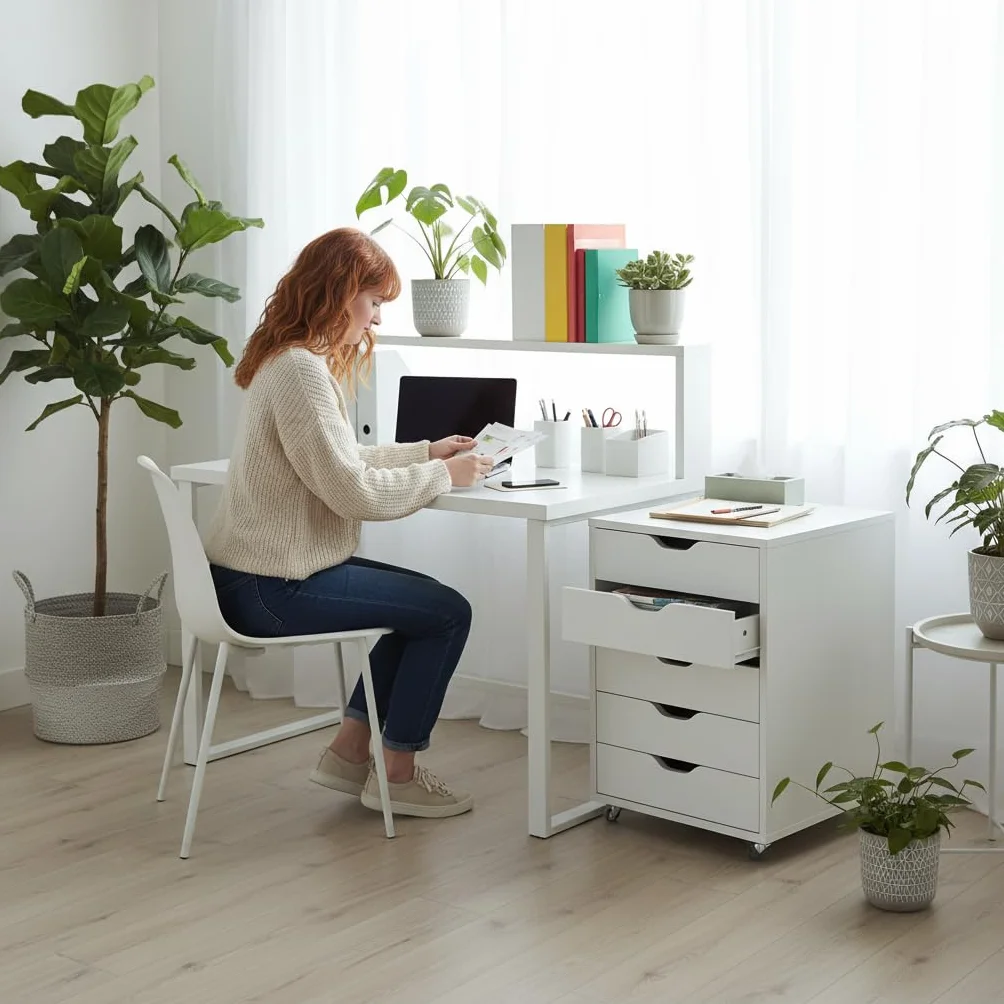 leomark Cajonera movil con Ruedas 5 cajones Mueble Oficina Escritorio almacenaje Documentos Accesorios Organizador despacho Estudio casa Robusto practico MDF Blanco Altura 64 cm Compacto Moderno