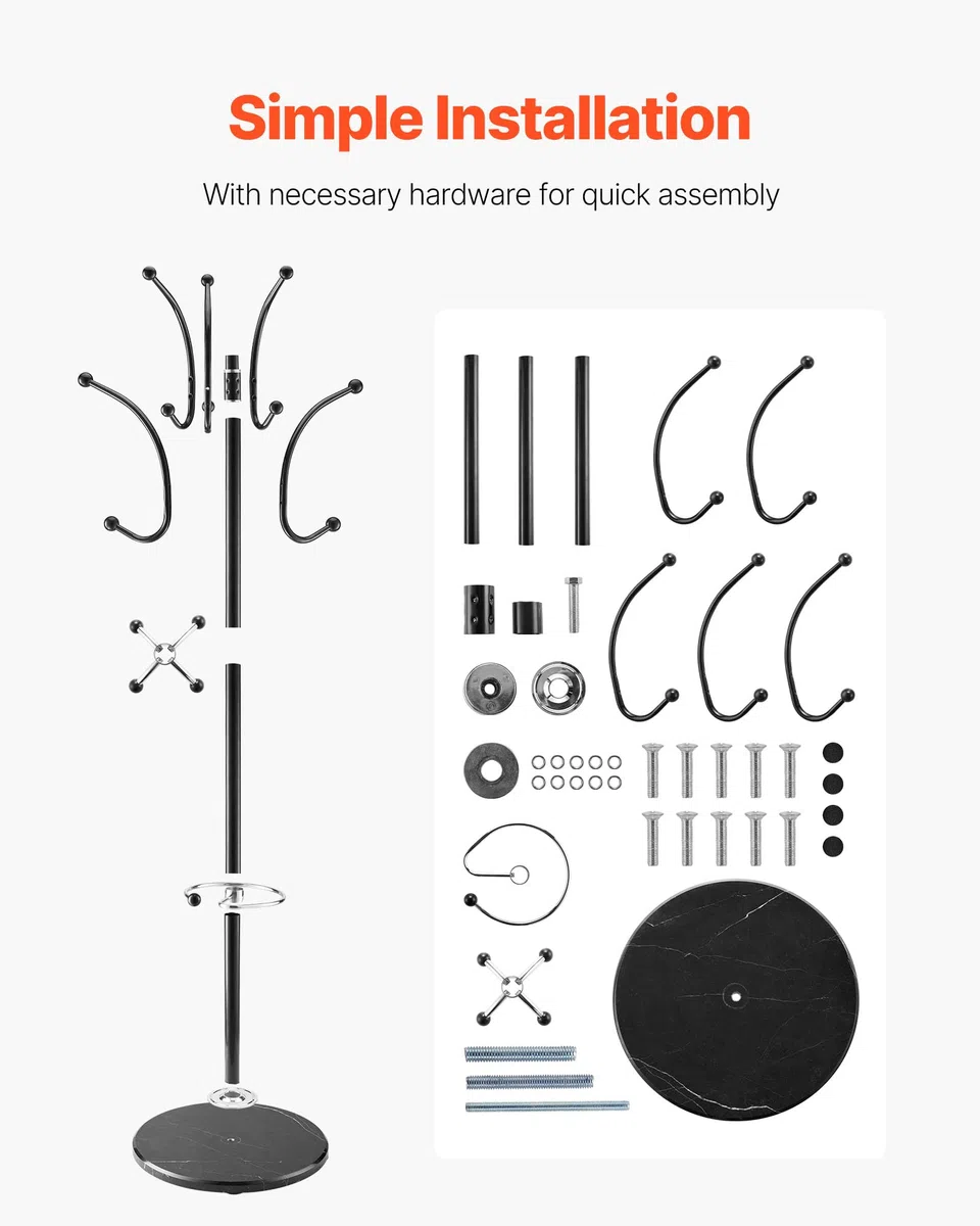 VEVOR Perchero de Pie de Metal, con Soporte para Paraguas, Base de Mármol Estable y 14 Ganchos, Ideal para Entrada, Dormitorio y Sala de Estar, Elegante Perchero para Sombreros, Bufandas y Bolsos