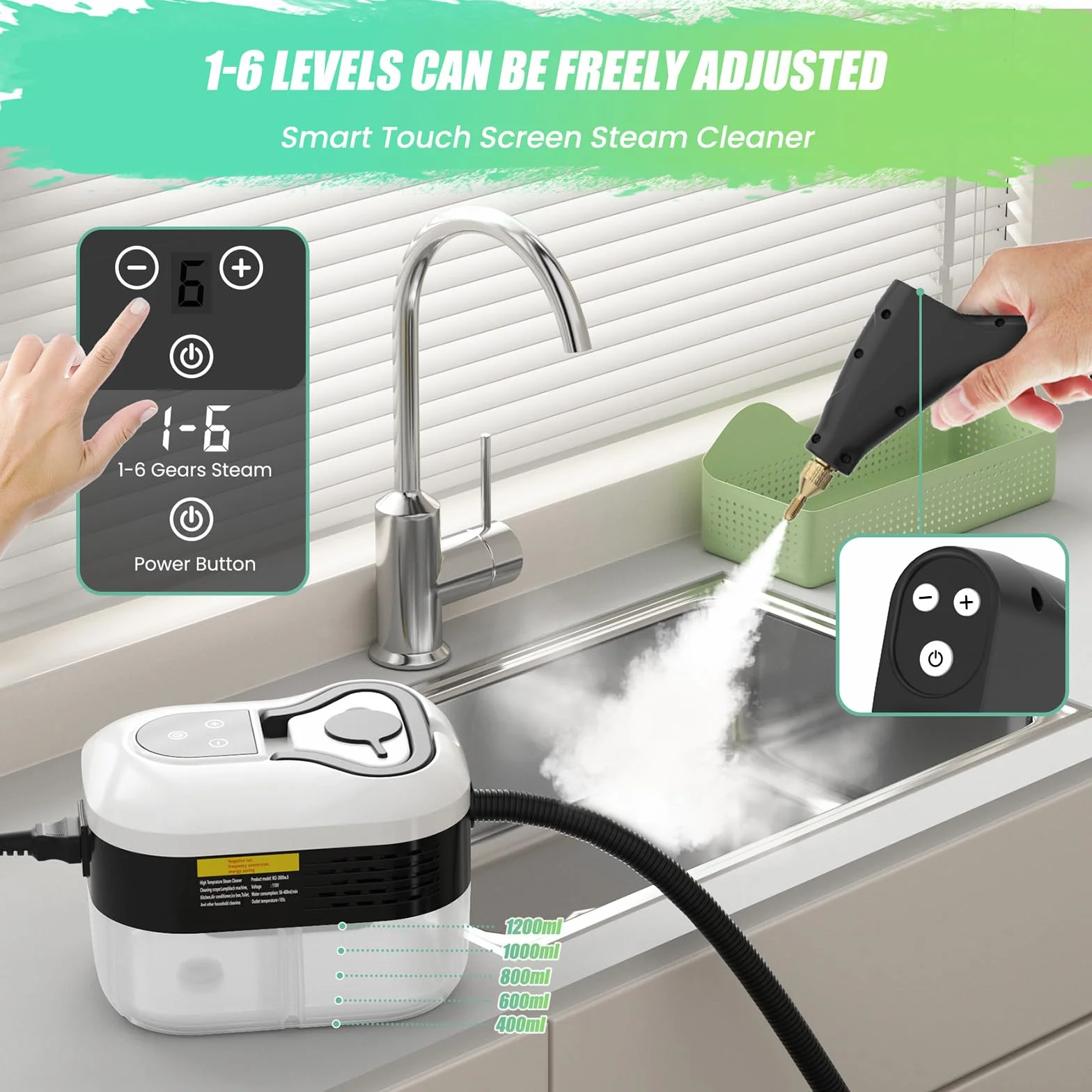 4.5 Bar Limpiador de Vapor Portátil, 2500W Limpiador de Vapor de Mano, Vaporeta Limpieza Hogar, 6 Velocidades Ajustables, Depósito de 1200ML, Para Limpiar Cocinas, Baños, Coches, Ventanas