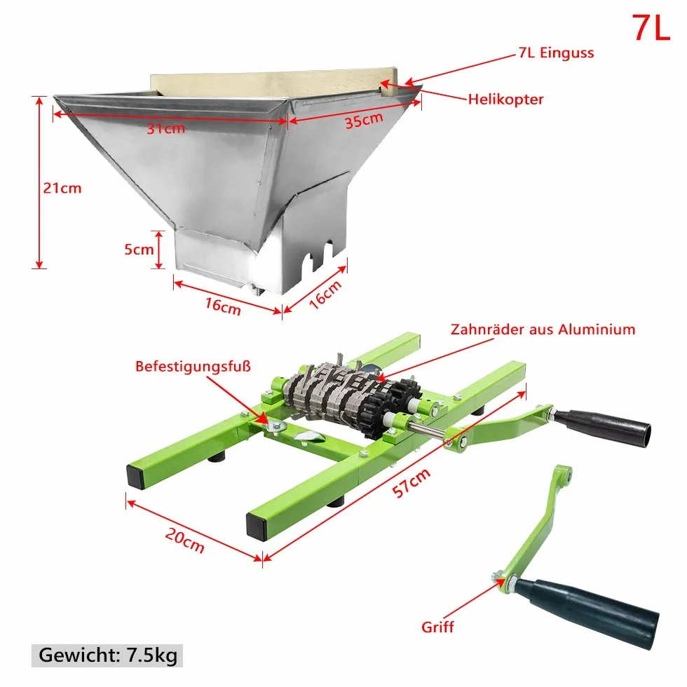 XMTECH Exprimidor mecánico de frutas de 6 litros con paño de prensa + 7 l molinillo de frutas, triturador de uvas, exprimidor de manzanas con manivela