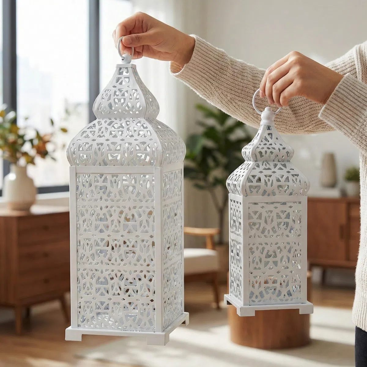 Candelabros Decorativos con lámpara marroquí de Templo Grande para Decoraciones de Ramadán, para Colgar, Patio o Porche al Aire Libre, decoración Interior del hogar, Bodas, Blanco, Juego de 2