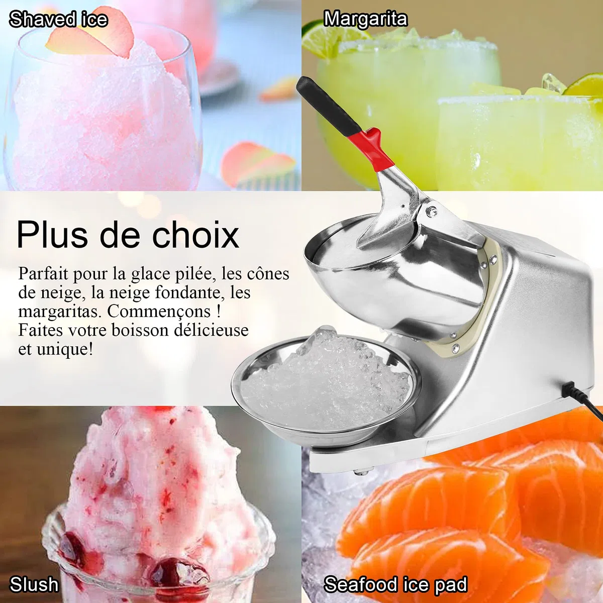 Broyeur à Glace Electrique,Machine à Glace pilée 300 W, 220 V-240 V,Snow Cone Maker Machin Volume de Glace concassée 65 kg/h,Convient à de commerce et de ménage(plata)
