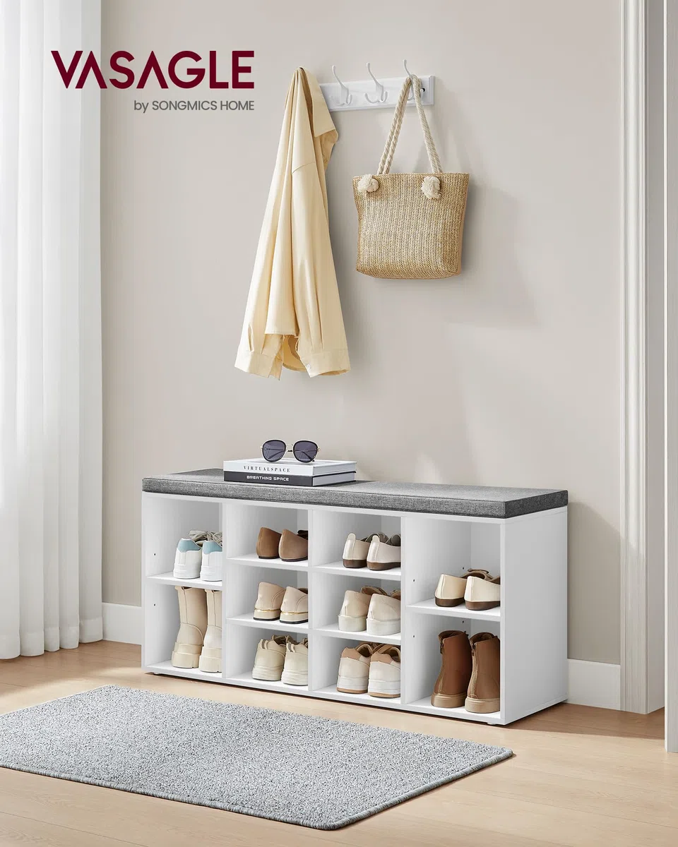 VASAGLE Banco para Zapatos, Repisa para Zapatos, Armario de Almacenamiento, 10 Compartimentos, con Cojín, para Entrada, 104 x 30 x 48 cm, Blanco LHS10WT