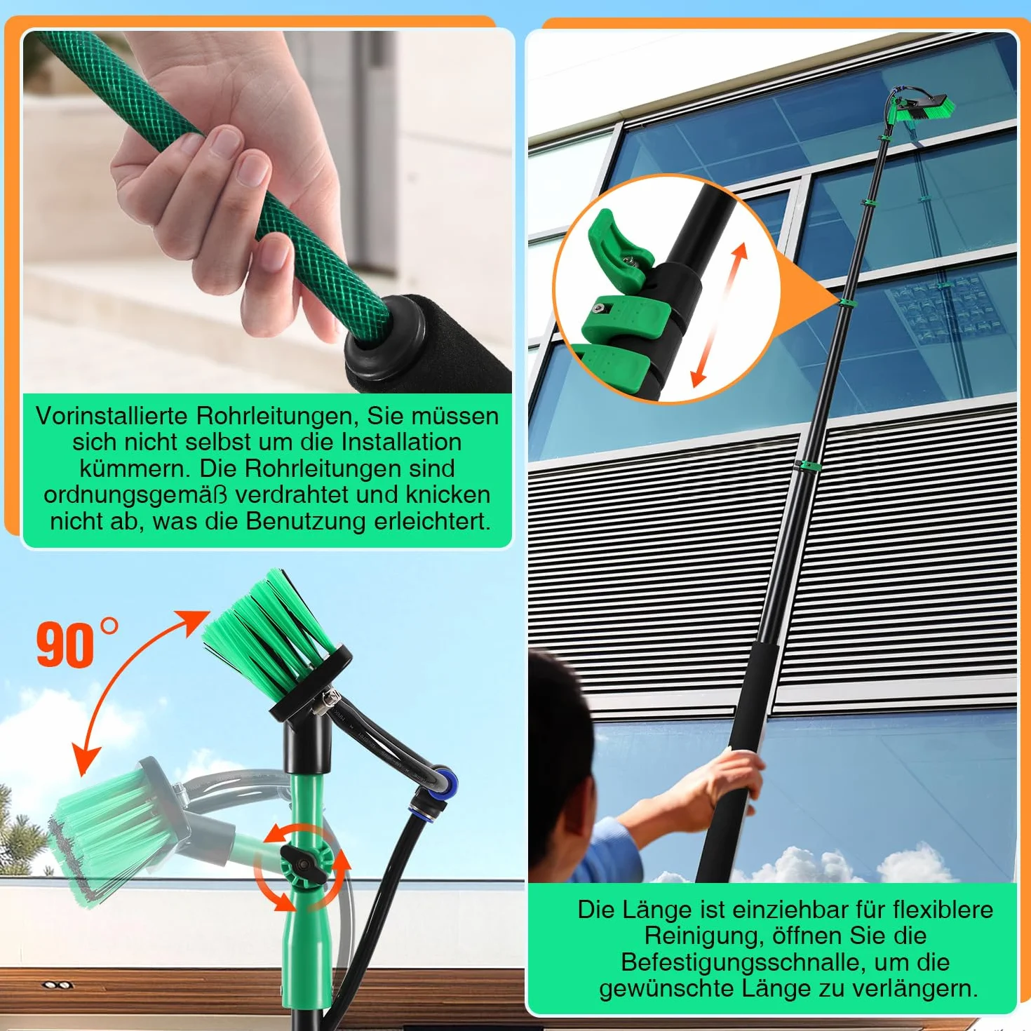 Escoba telescópica con mango telescópico de 4,8m, escoba de agua con mango telescópico de aluminio, escobilla telescópica 2-en-1 con conexión de agua, limpiador de toldos de terraza, varilla