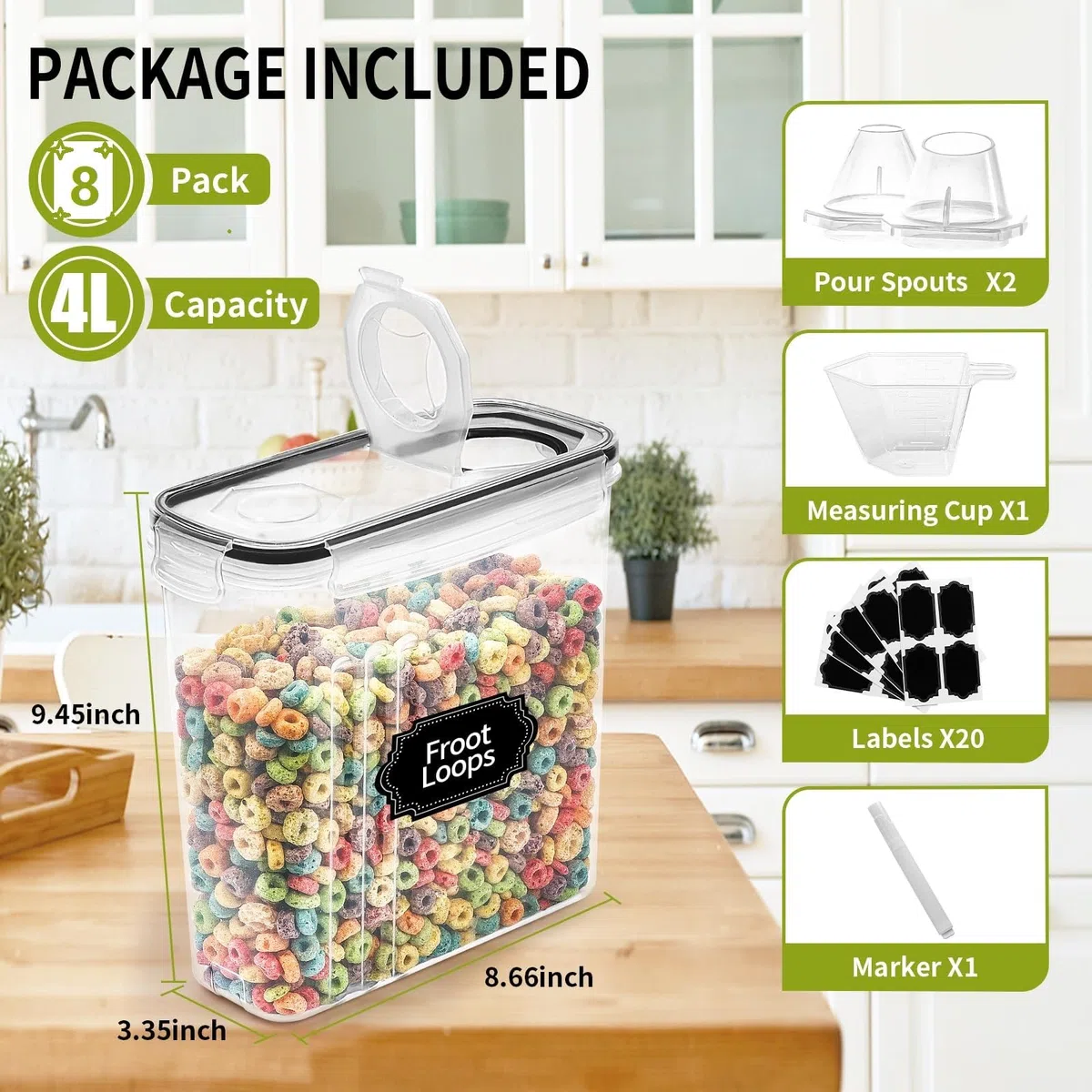 Skroam 8 unidades de contenedores de almacenamiento para cereales [135.2 oz/4L], contenedores de almacenamiento de alimentos herméticos con salida para servir para la organización y almacenamiento de