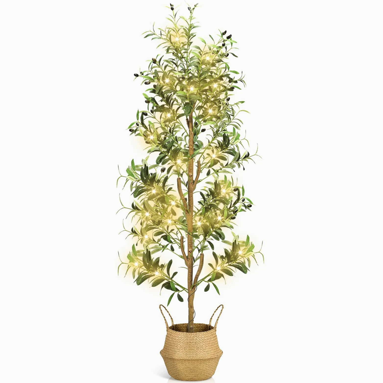 NZQXJXZ Olivo Artificial 180 cm con Luces, Plantas Artificiales Decorativas con Maceta y Cesta, Planta Artificial Grande con Tronco Natural y Frutos para Hogar Oficina