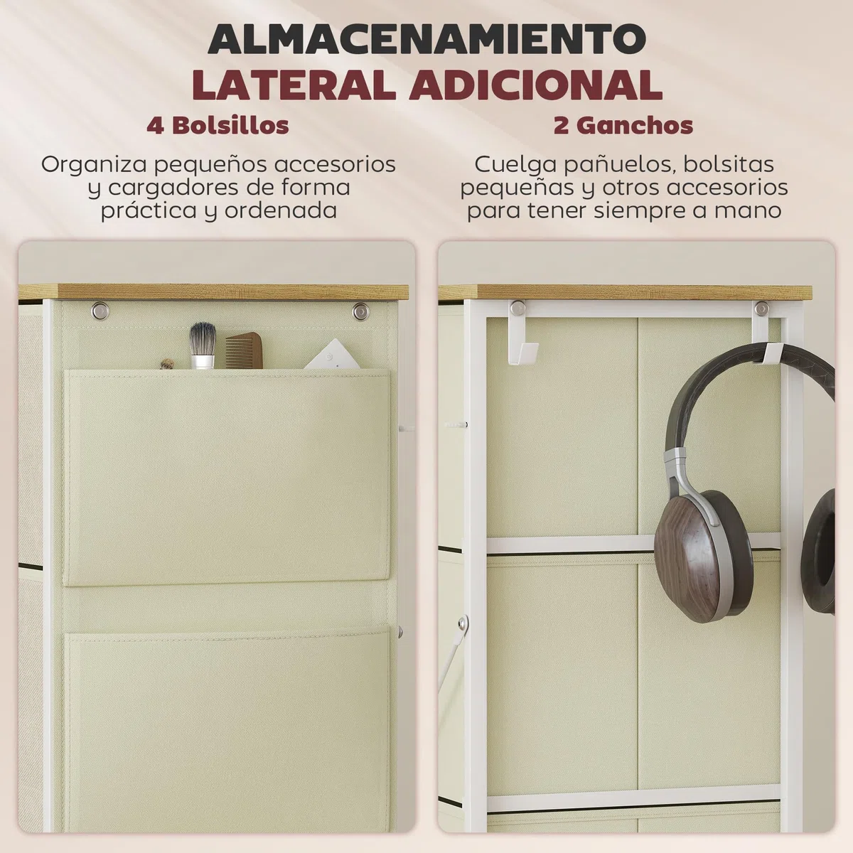 HOMCOM Cajonera de Tela Alta Cómoda con 4 Cajones 4 Bolsillos Laterales 2 Ganchos y Estructura de Acero Cómoda para Dormitorio Sala de Estar Pasillo Beige