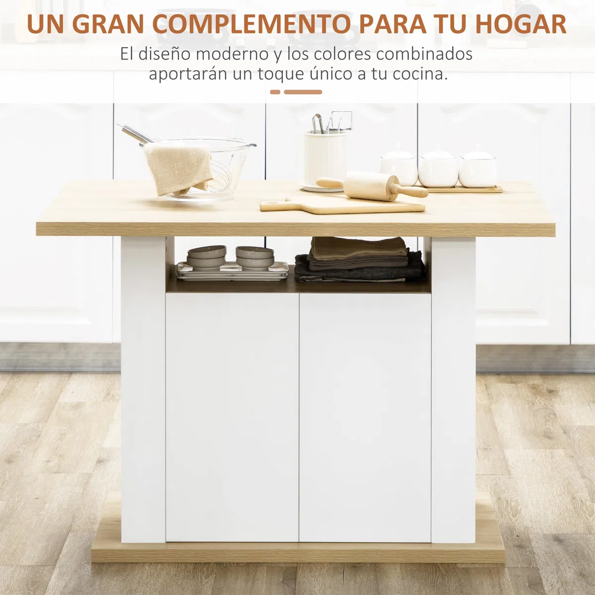 HOMCOM Isla de Cocina, para 4 Personas, Mueble de Cocina Multifuncional, Mesa de Comedor con 4 Puertas, Compartimentos Abiertos, Estante Ajustable, 110x70x75,5 cm, Roble y Blanco
