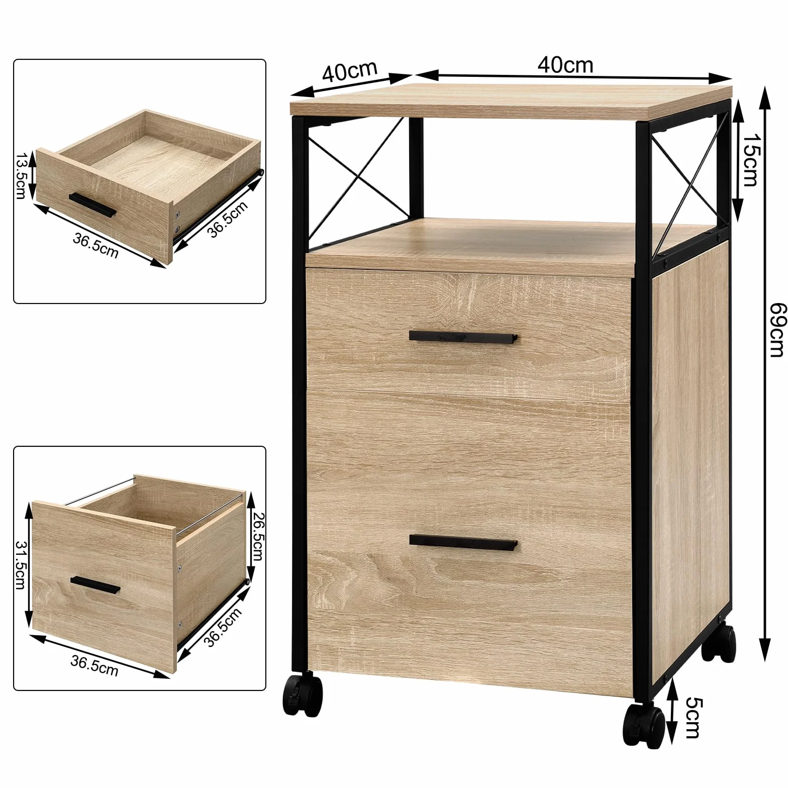 WOLTU Armario Archivador Móvil, Cajonera Escritorio con Ruedas, Mueble Oficina 2 Cajones y 1 Estante, Gabinete Almacenaje para Impresora, Carpetas, Archivos A4, Roble Claro, 40x40x69 cm, ASK09hei