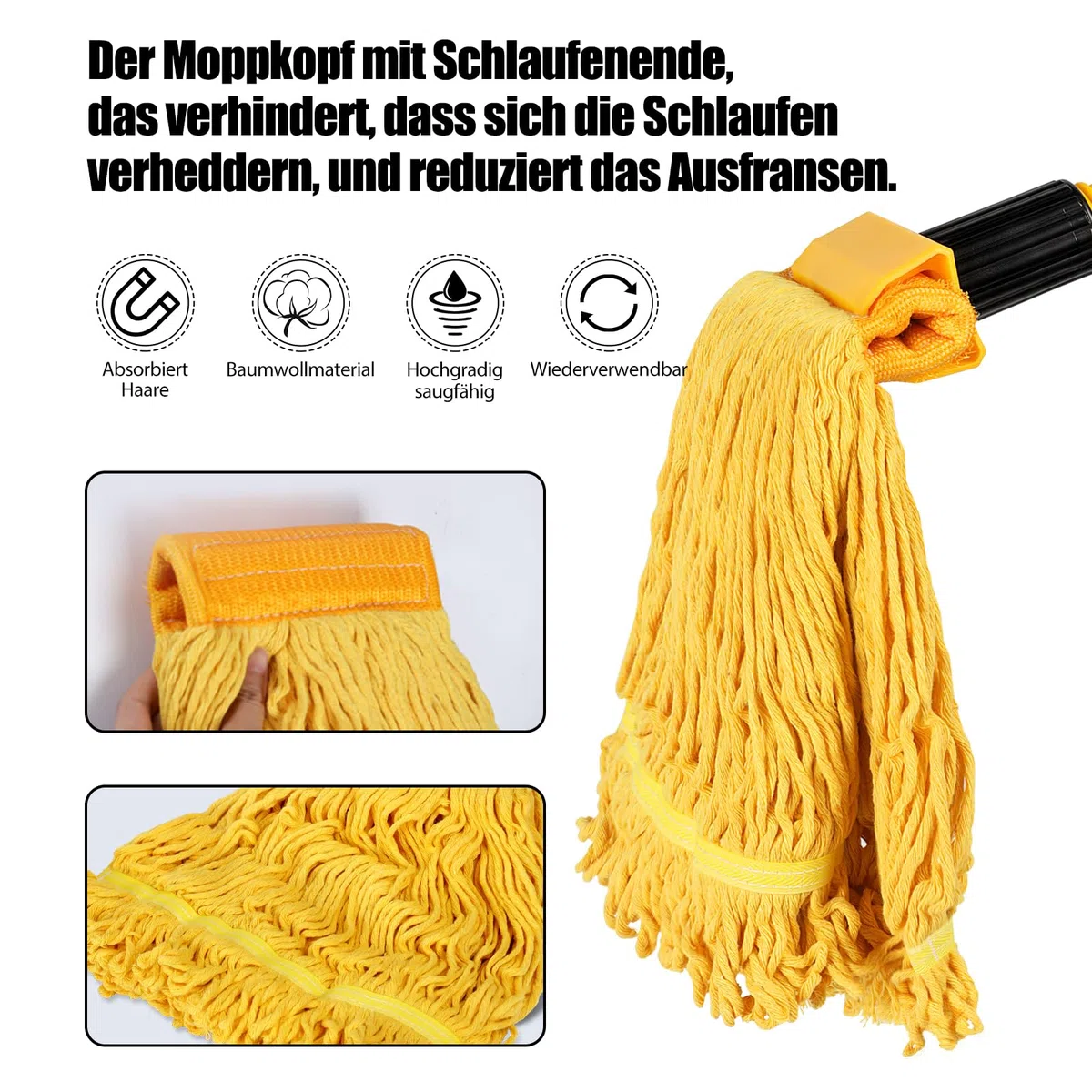 Myiosus Fregona Industrial - Mopa de Algodón Industrial con Mango de Acero Inoxidable y 2 Cabezales de Mopa, Fregona Seca y Húmeda para el Hogar, Garaje, Oficina, Centro Comercial, Almacén
