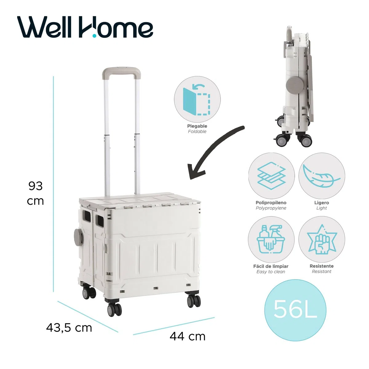 Well Home Carro de la Compra Plegable Tipo Caja con Tapa y Ruedas, Caja de Almacenaje para Maletero de Coche, Asa Telescópica Reforzada, Capacidad 56L