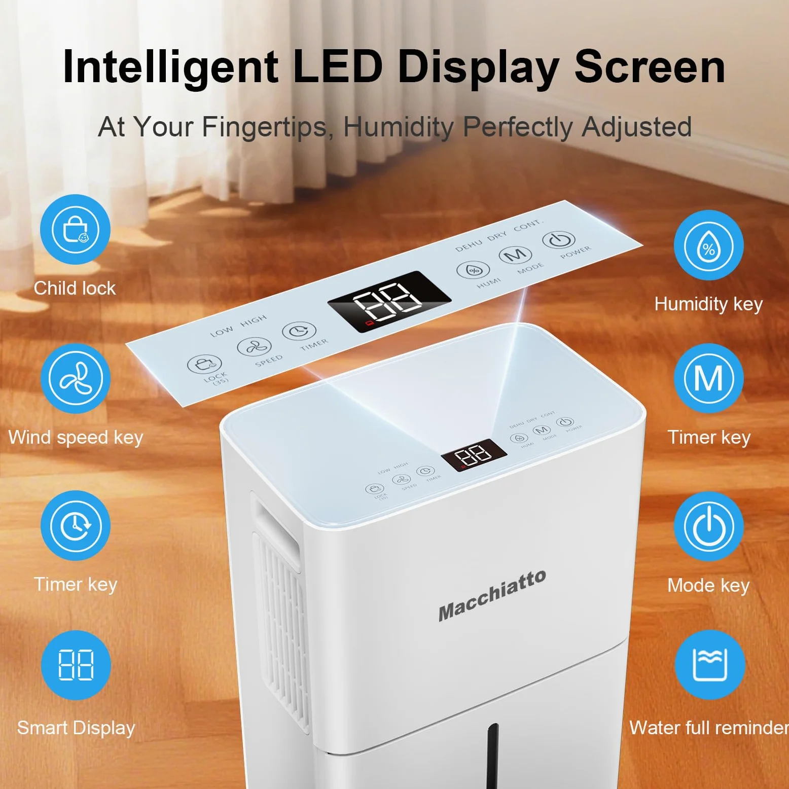 Macchiatto Deshumidificador de 16 l/día, Minuterio 1-24H, 3 Modo, funcionamiento automático, silencioso, con rueda universal y manguera de desagüe de 1m