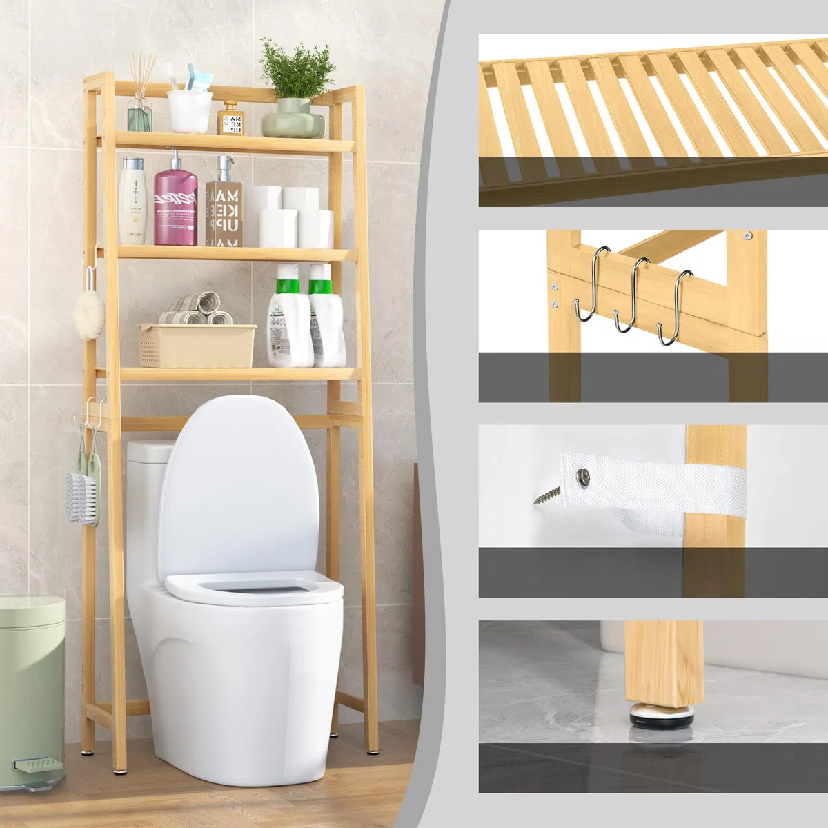 VASMIA Estante de Almacenamiento para baño, Organizador de bambú sobre el Inodoro, Ahorro de Espacio para Inodoro Independiente con estantes Ajustables de 3 Niveles, Natural