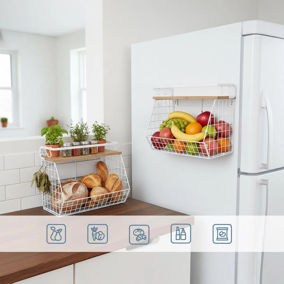 Relaxdays Frutero magnético de Pared, Set de 2, Madera/Metal, 30x35,5x21 cm, Blanco/Natural
