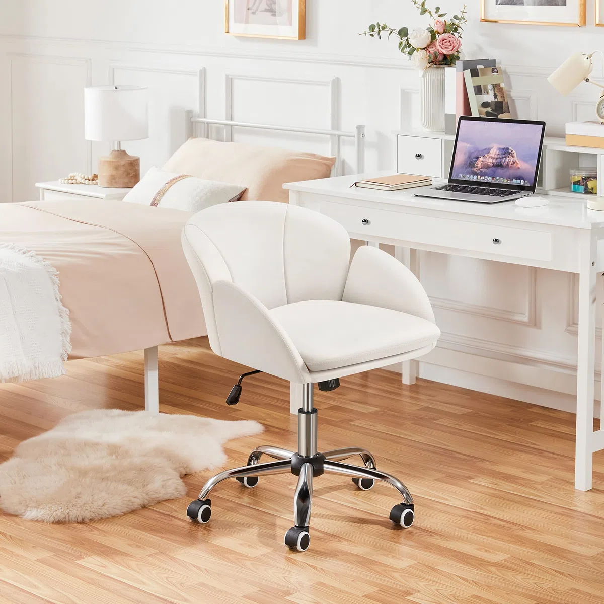 Yaheetech Silla de Oficina Silla de Ruedas Silla Altura Ajusteble MAX Carga 136 KG Silla de Despacho Estudio Blanco Silla Piel Sintética
