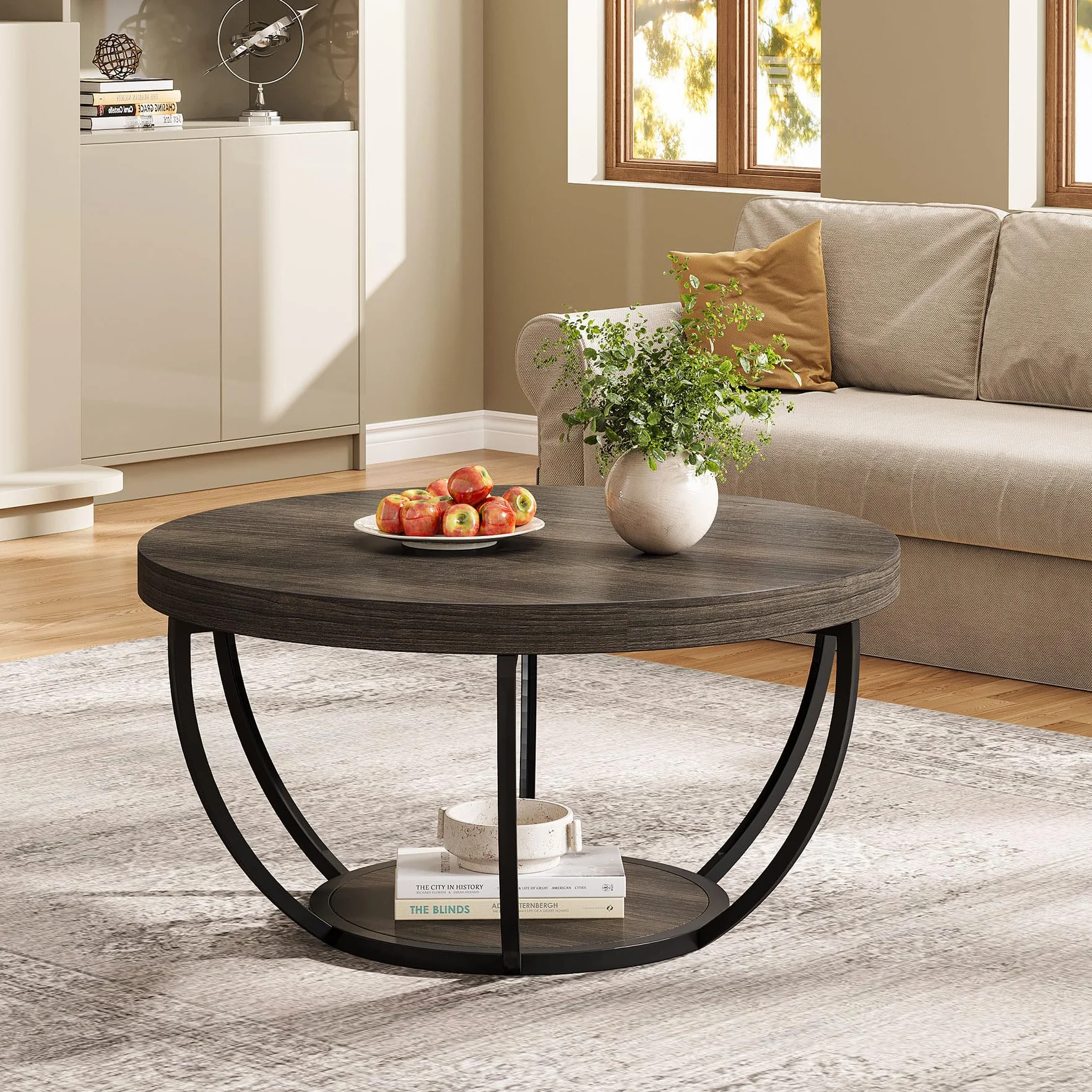 Tribesigns Mesa de Centro Redonda, 80 cm Mesa de Café Industrial Circular de 2 Niveles, Mesita Baja Sofá, Mesa Central Moderna de Madera para sofá, Mesa Auxiliar para Sala de Estar, Gris