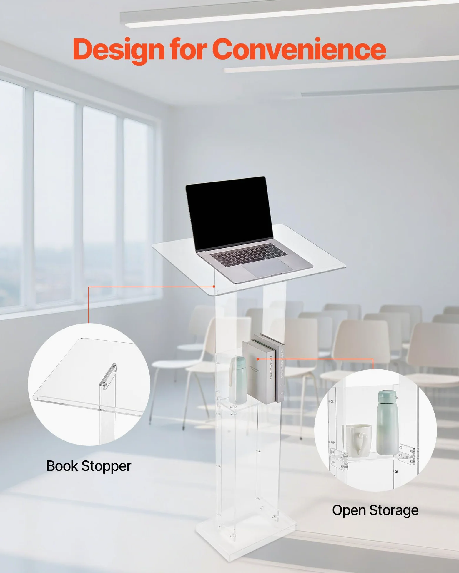 VEVOR Soporte de Podio de Acrílico Altura de 126,5 cm Atril de Pie Portátil con Superficie de Lectura 60 x 40 cm, Estante de Almacenamiento para Aulas, Bodas, Conferencias, Discursos, Conciertos