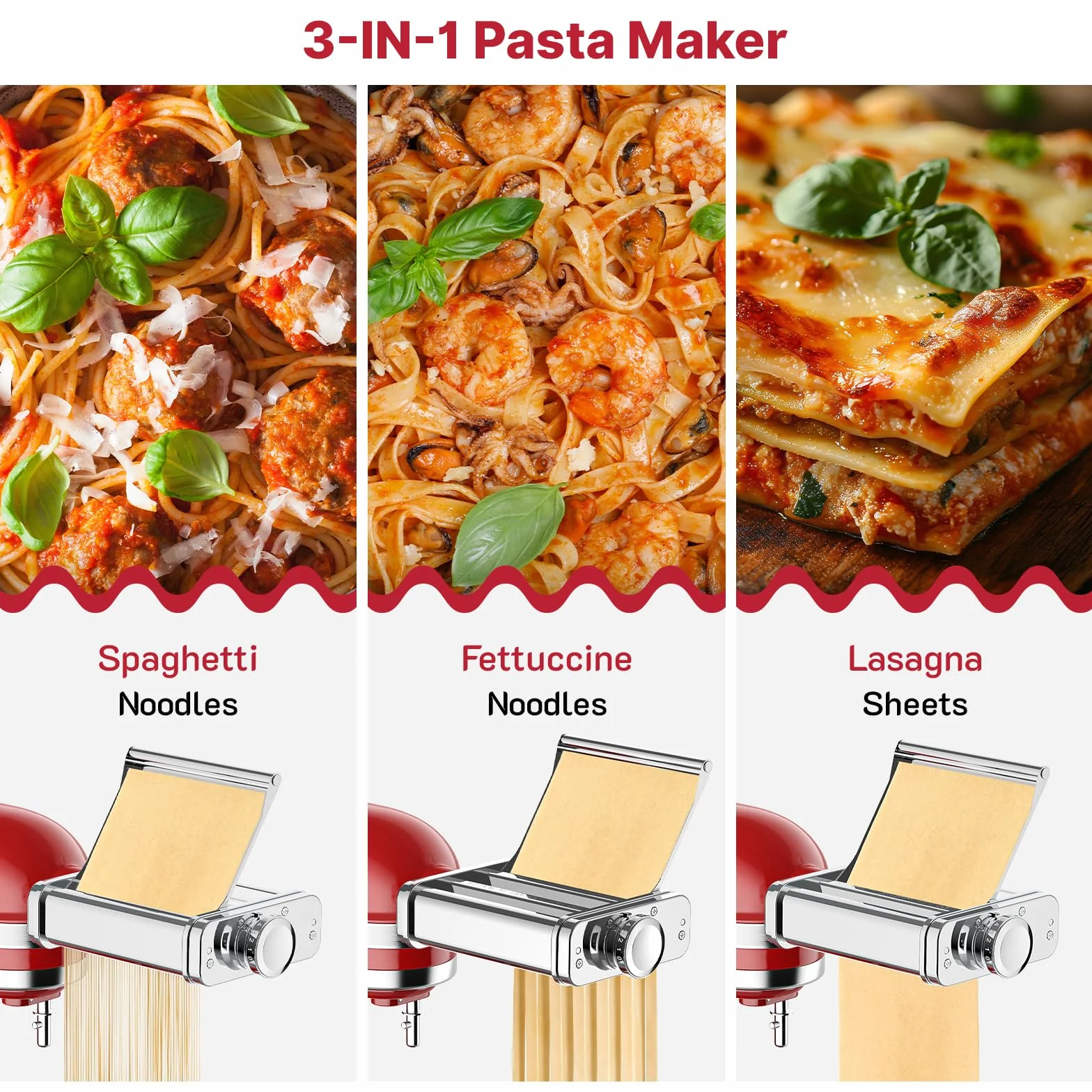 COFUN Accesorio para Pasta para KitchenAid - Accesorio para Pasta 3 en 1 de Acero Inoxidable Que Incluye Cortador de Fettuccine, Cortador de Espaguetis y Rodillo para Pasta, con Placa guía