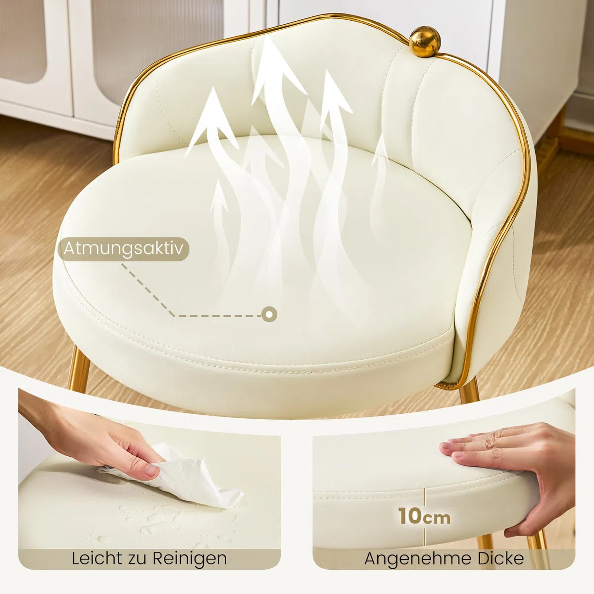 Hellove Lindo Taburete De Tocador Giratorio, Sin Brazos, con Patas De Metal Dorado, Taburete Giratorio, Reposapiés, Stool De Maquillaje, Stool De Cuero para Dormitorio, Salón, Comedor, Beige
