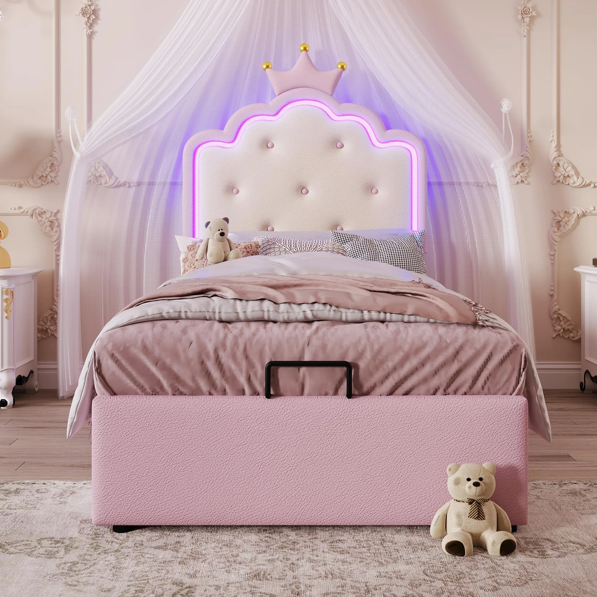 Lubvtti Cama Acolchada 90x200 cm con luz Ambiental,Cama Individual con contenedor,Cama Infantil,Forma de Corona de Princesa,Cama con almacenaje,con somier de láminas,PU
