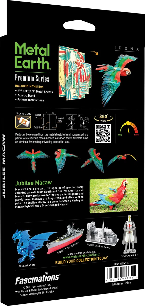 Fascinations Metal Earth Premium Series Jubilee Guacamayo Parrot Kit de modelo de metal 3D con pinzas