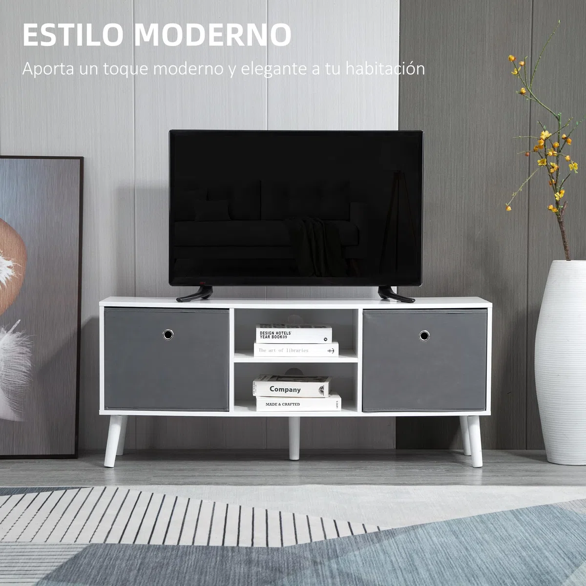 HOMCOM Mueble de TV, Mesa de TV con 2 Cajones de Tela, 2 Estantes Abiertos, Orificios para Cables, para Televisores hasta 50 Pulgadas, Largo de 110 cm, para Salón, Dormitorio, Blanco y Gris