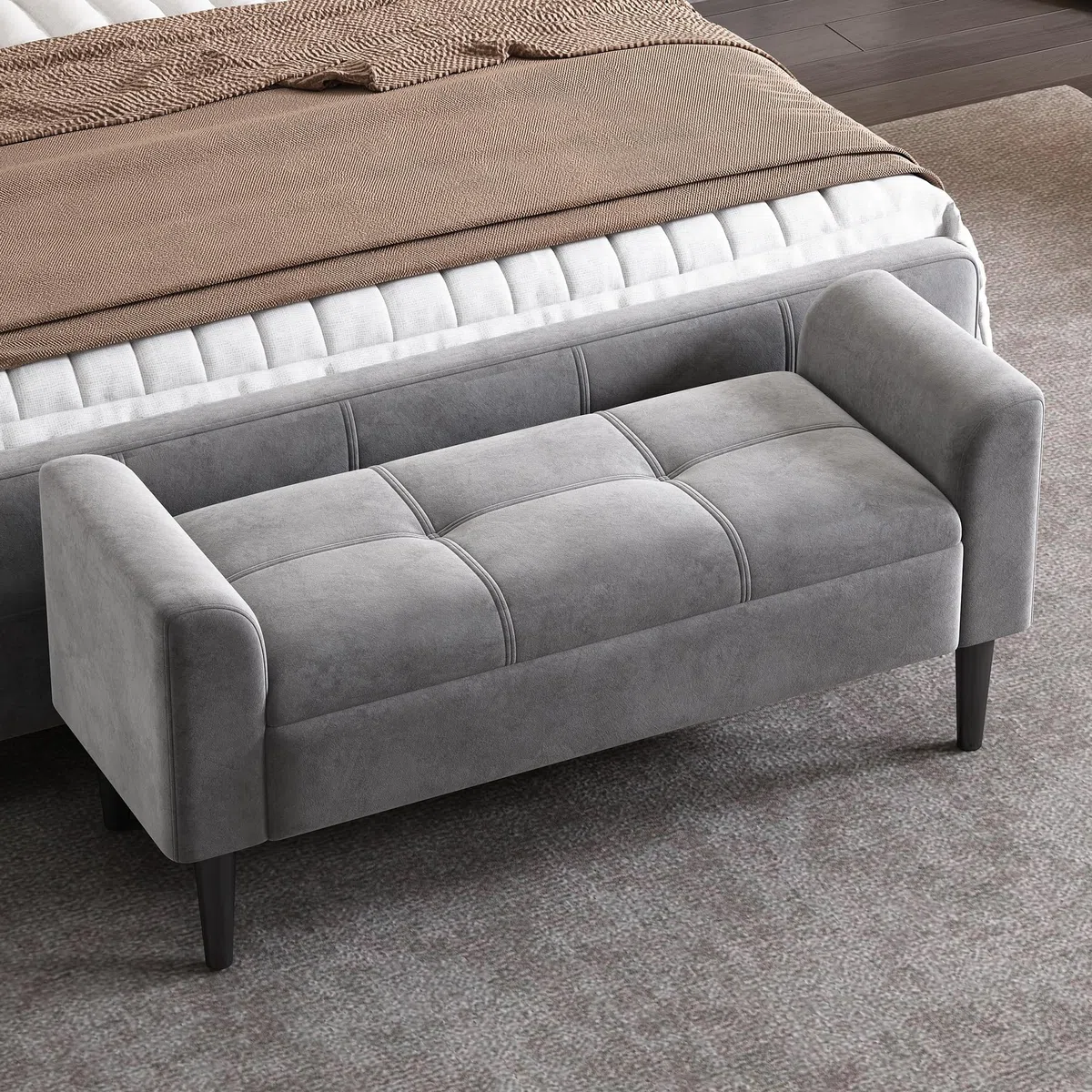 Bancos tapizados con reposabrazos, reposacabezas, cama, taburetes, cama para dormitorio, bancos de piano, comedor con estampado acolchado, terciopelo, tablero DM, gris