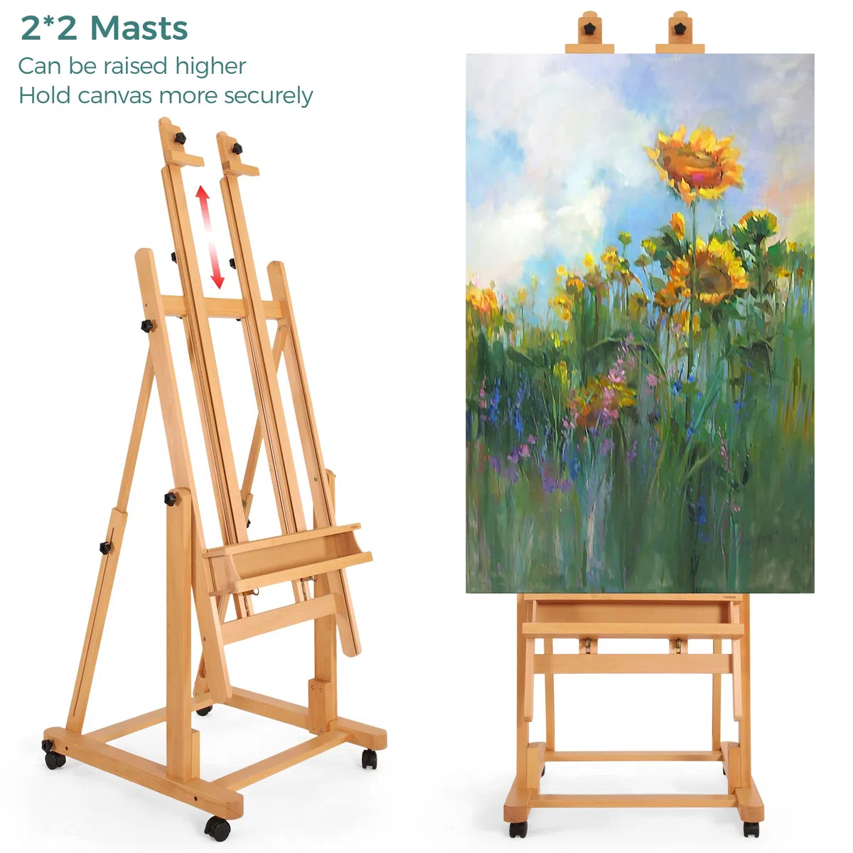 VISWIN Caballete Pintura en H Grande de Doble Mástil, Inclinable a Horizontal, Caballete Pintar Profesional Ajustable de Madera de Haya con 4 Ruedas & Bandeja para Adultos, Artistas, Pintor, Estudio