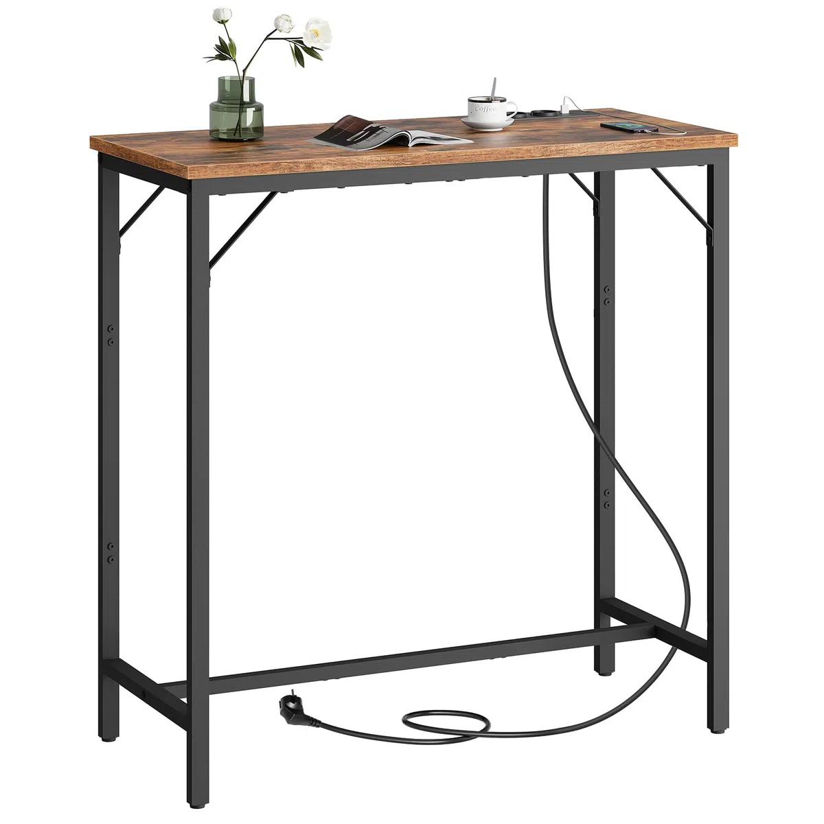 HOOBRO Mesa de Bar con Cargador, Mesa Alta, Travesaño Inferior, Marco Triangular, Mesa de Cocina Estrecha y Larga, Estilo Vintage, Marrón Rústico EBF90CBT01